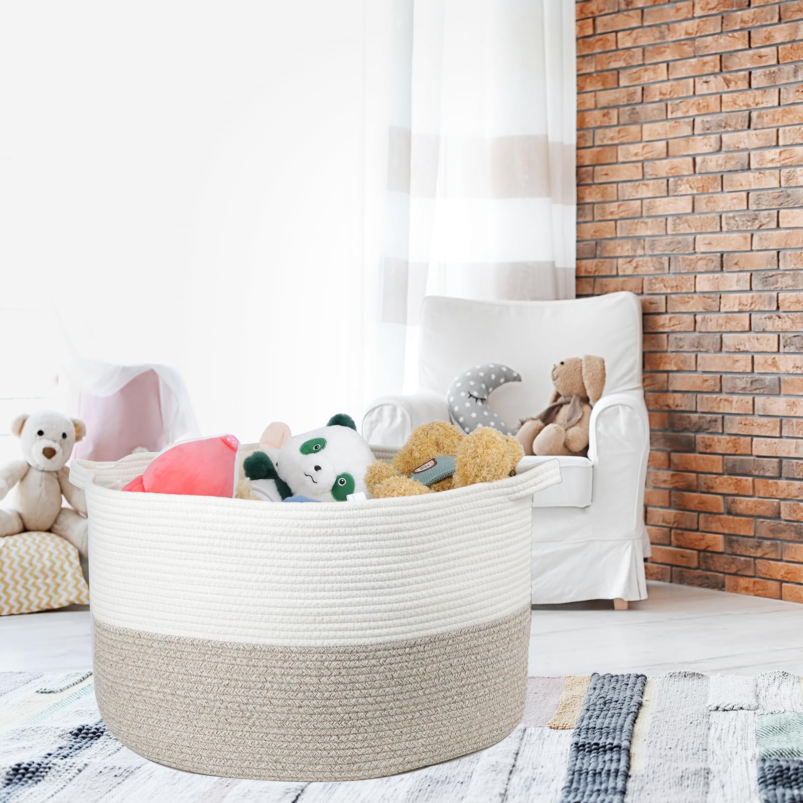 Blanket Basket Living Room, 20"x13" Woven Baskets for Blanket Toy Storage, Cotton Rope Basket for Organizing, Large Laundry Basket for Living Room, Nursery, Pillows, Baby Toy chest