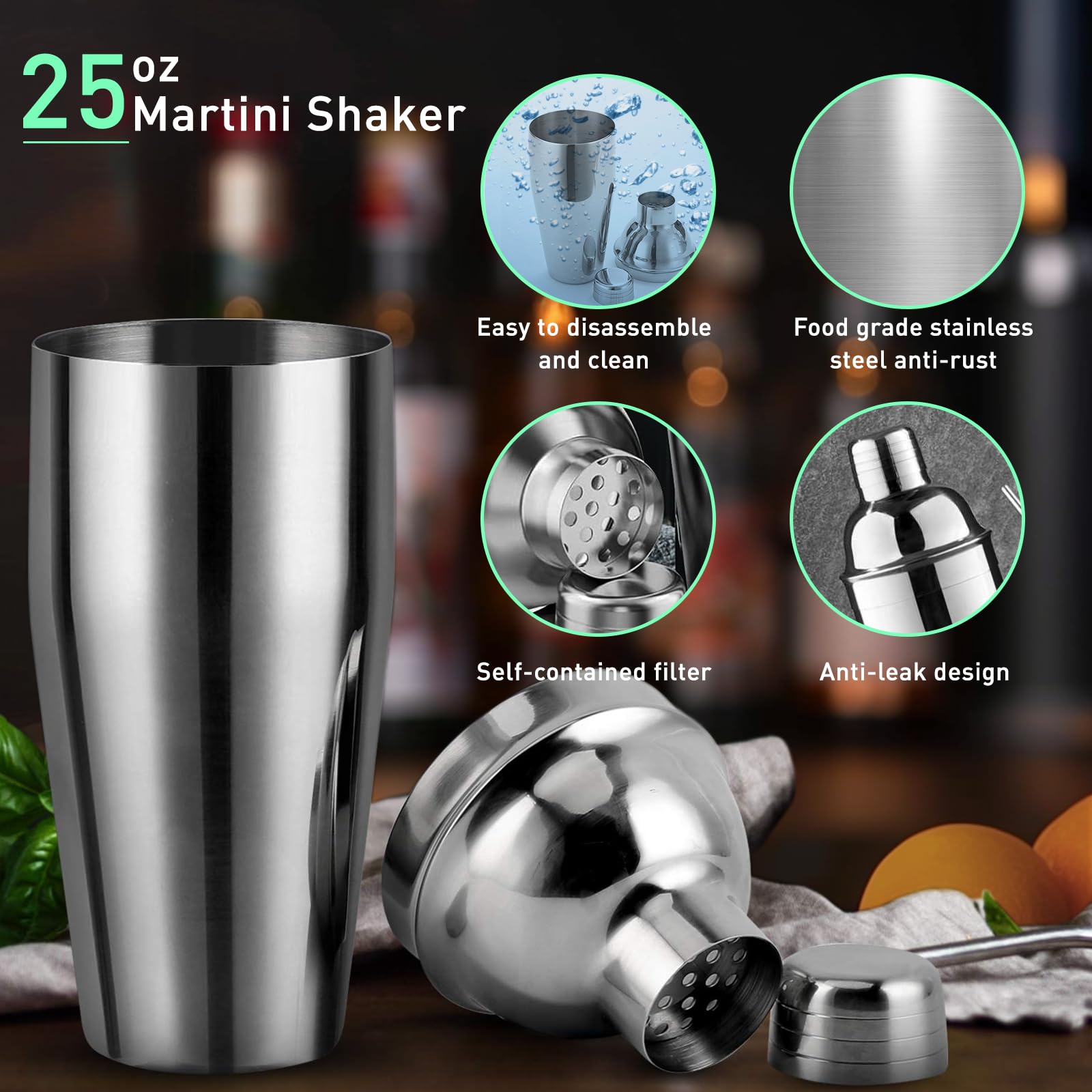 CasaCulina Cocktail Shaker Set Mixology Bartender Kit with Stand, 17 Piece Bar Tool Set: Martini Shaker, Jigger, Strainer, Mixer Spoon, Muddler, Liquor Pourers for Drink Mixing Bartending Kit(Silver)