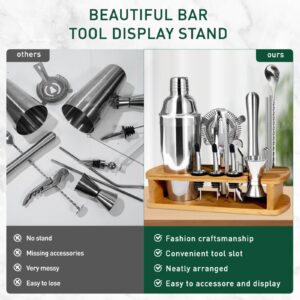 CasaCulina Cocktail Shaker Set Mixology Bartender Kit with Stand, 17 Piece Bar Tool Set: Martini Shaker, Jigger, Strainer, Mixer Spoon, Muddler, Liquor Pourers for Drink Mixing Bartending Kit(Silver)