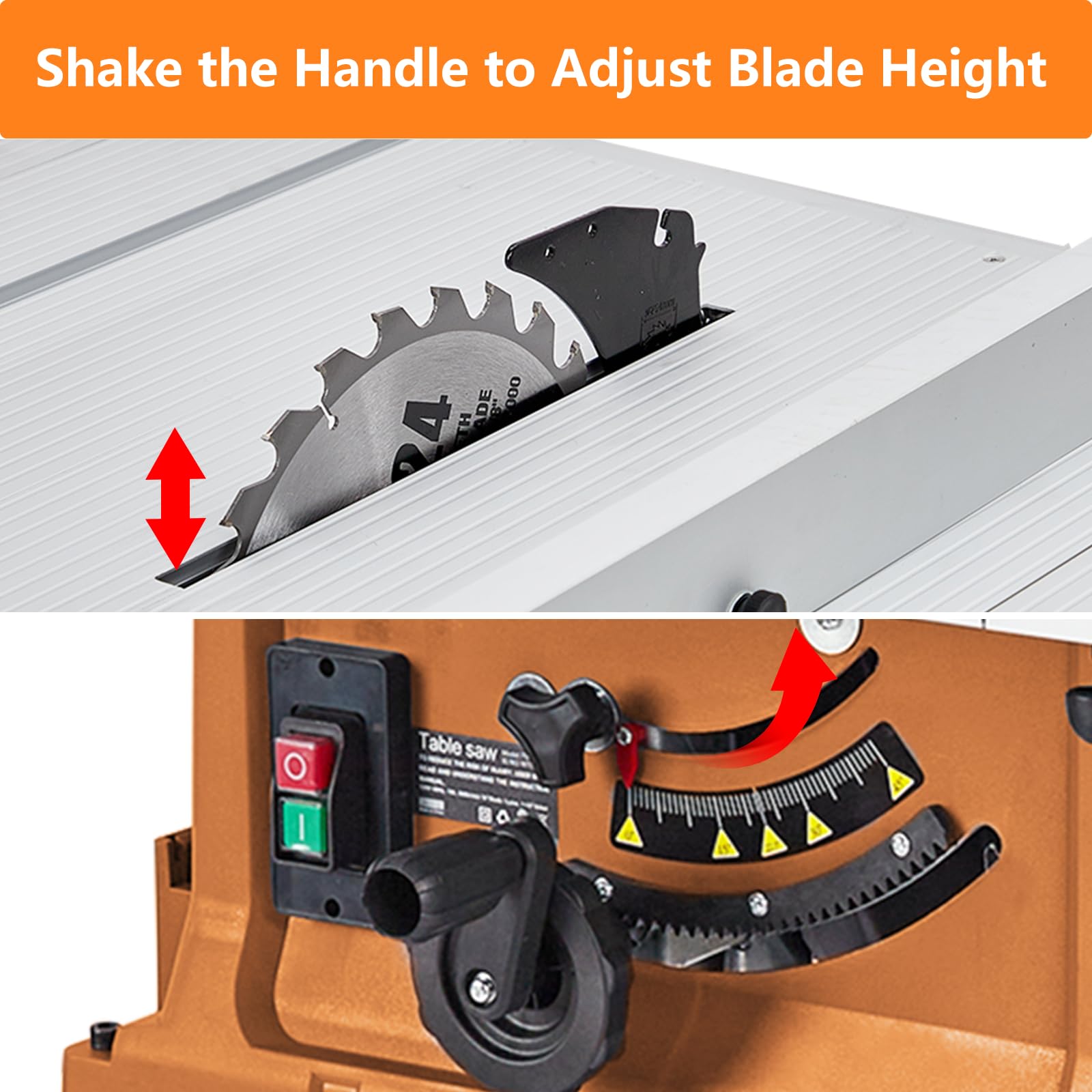 10inch Table Saw, 15A & 5000RPM Portable Table Saw with Stand & Safety Switch, Push Stick, 90°Cross Cut & 0-45°Cutting, Multifunctional Table Saw for Woodworking, DIY Working, Orange