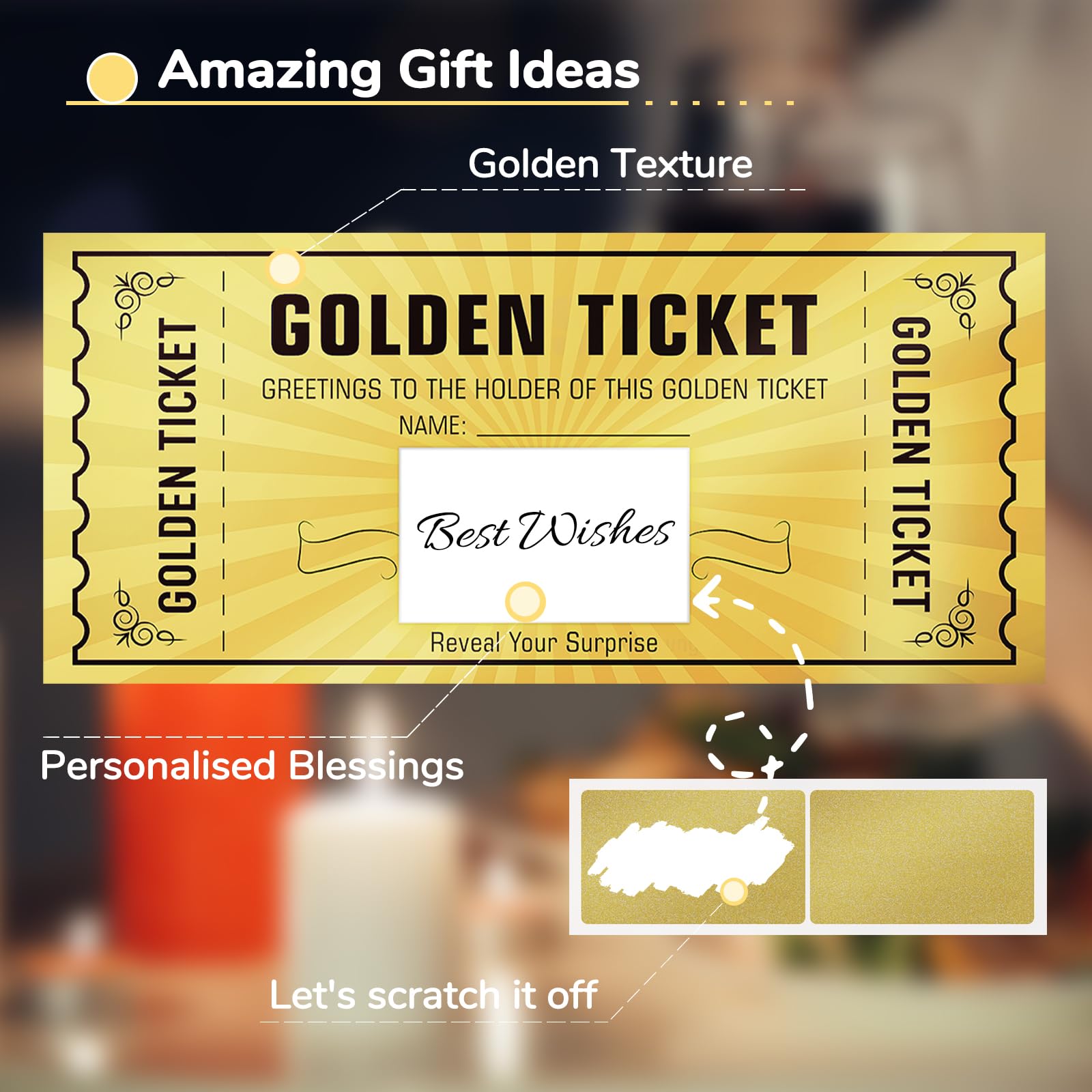 WenmthG 10 Sets Golden Ticket with Envelope, Scratch Card Surprise Gift Reveal, Card as Birthday Card Wedding Card Concert Ticket Cinema Voucher Raffle Gift