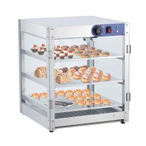 Commercial Food Warming Display Cabinet, 20" 3 Tier, 800 Watt Hot Dog Warmer with 3D Heating, Bottom Fan, Countertop Pastry Warmer, Temperature Knob/Indicator, Stainless Steel Framed Glass Door