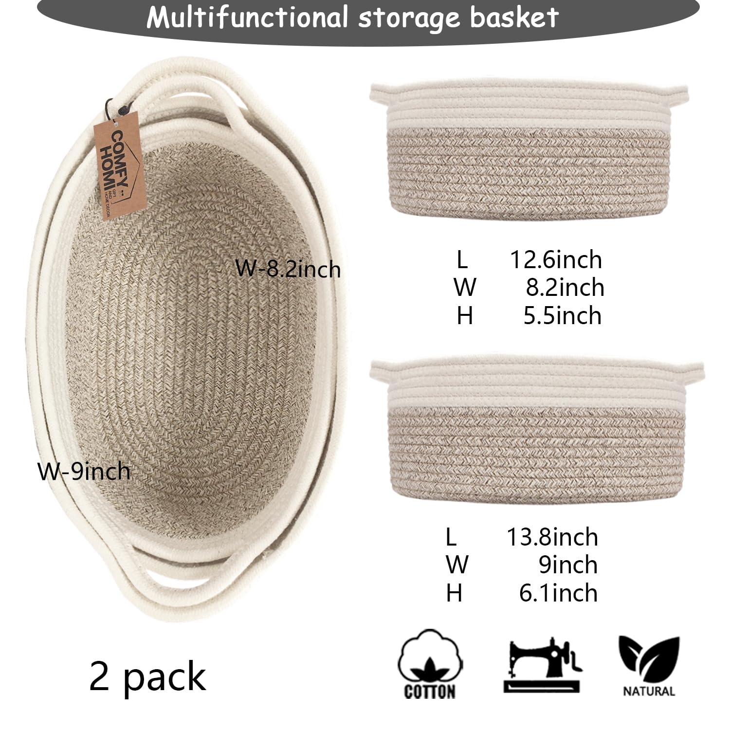 COMFY-HOMI 2-Piece Small Woven Storage Basket for Organizing| Gift Basket for Empty | Toy Storage Bin Basket | Cotton Rope Basket with Handles for Dog Toys for Living Room, Bedroomt -White/Brown