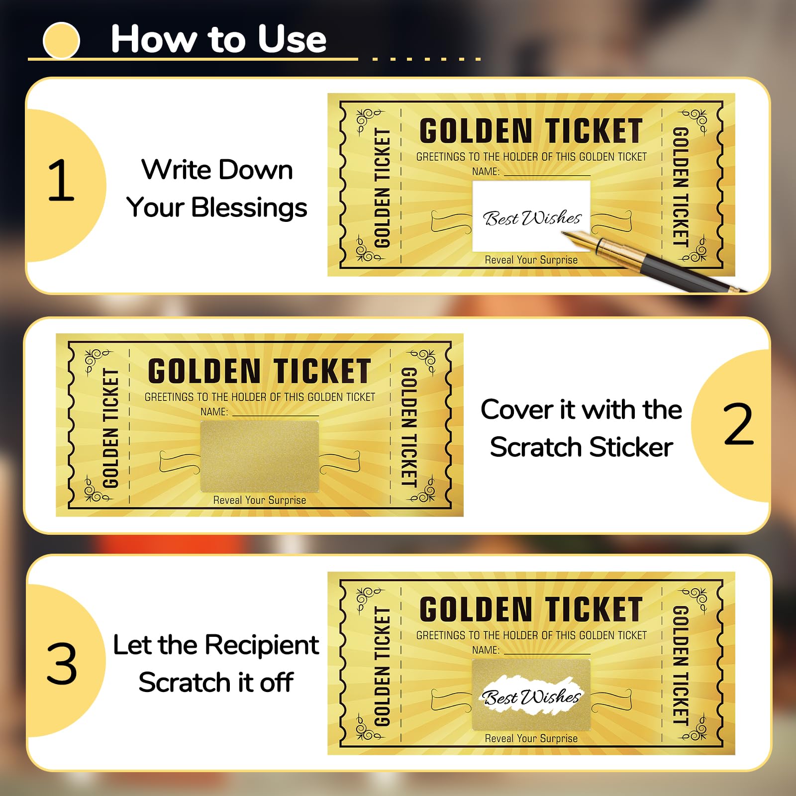 WenmthG 10 Sets Golden Ticket with Envelope, Scratch Card Surprise Gift Reveal, Card as Birthday Card Wedding Card Concert Ticket Cinema Voucher Raffle Gift