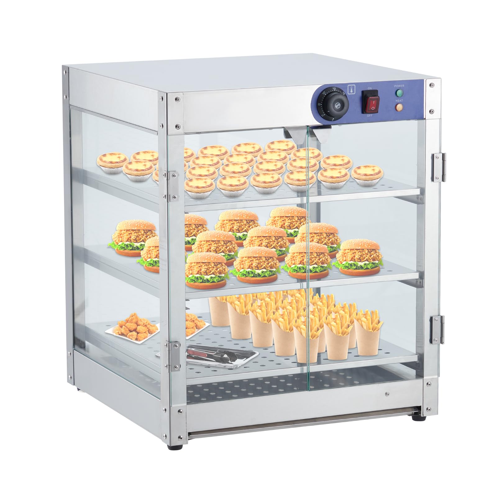 Commercial Food Warming Display Cabinet, 20" 3 Tier, 800 Watt Hot Dog Warmer with 3D Heating, Bottom Fan, Countertop Pastry Warmer, Temperature Knob/Indicator, Stainless Steel Framed Glass Door