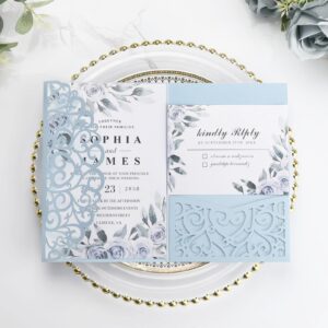 wedding invitations with envelopes and rsvp cards, light blue laser cut invitation pocket blank invitations with envelopes and stickers, bridal shower card birthday party invitations custom 50 pcs