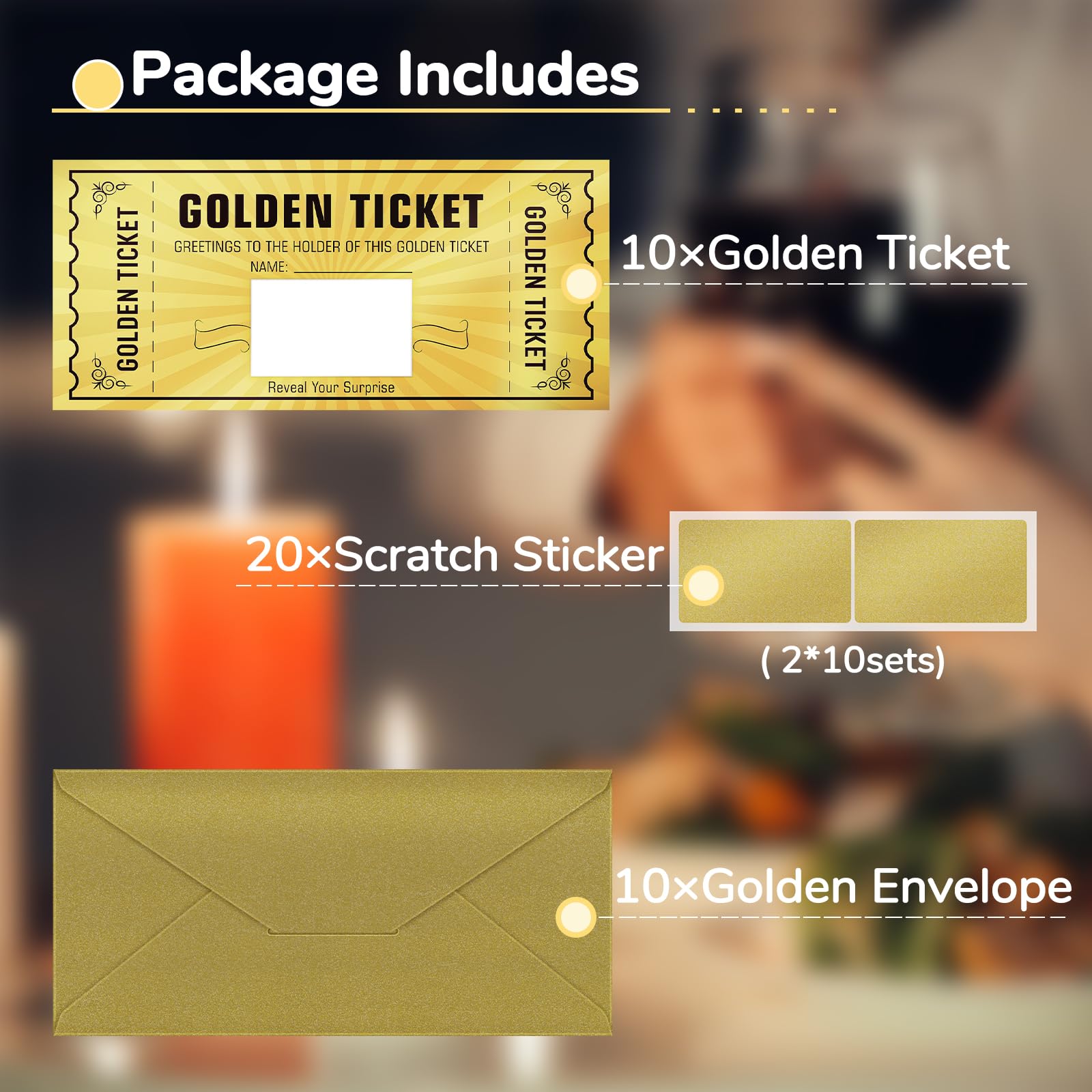 WenmthG 10 Sets Golden Ticket with Envelope, Scratch Card Surprise Gift Reveal, Card as Birthday Card Wedding Card Concert Ticket Cinema Voucher Raffle Gift