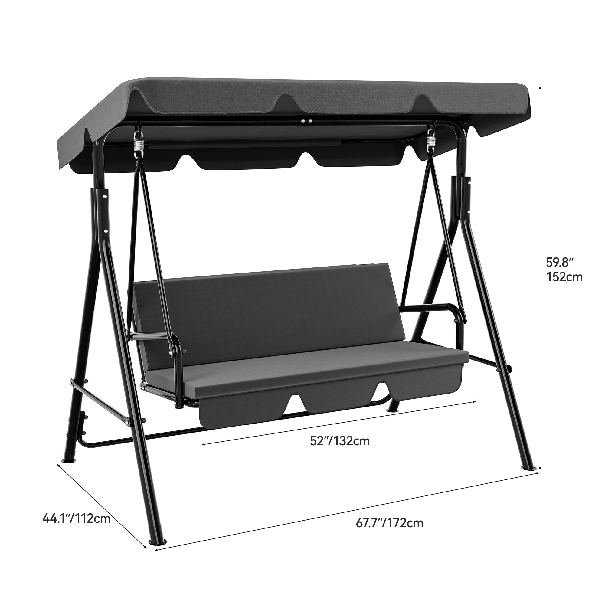 DWVO Patio Swing Front Porch Swing for Adults 3 Seat Porch Swings with Adjustable Canopy Outside Swing Bench with Removable Cushion, Suitable for Backyard, Garden, Yard, Poolside, Balcony (Gray)