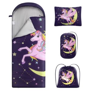 etglcozy unicorn sleeping bag for girls, warm weather sleeping mat with pillow for kids camping backpacking hiking daycare preschool travel, ultralight, durable, water-resistant, easy carry and pack