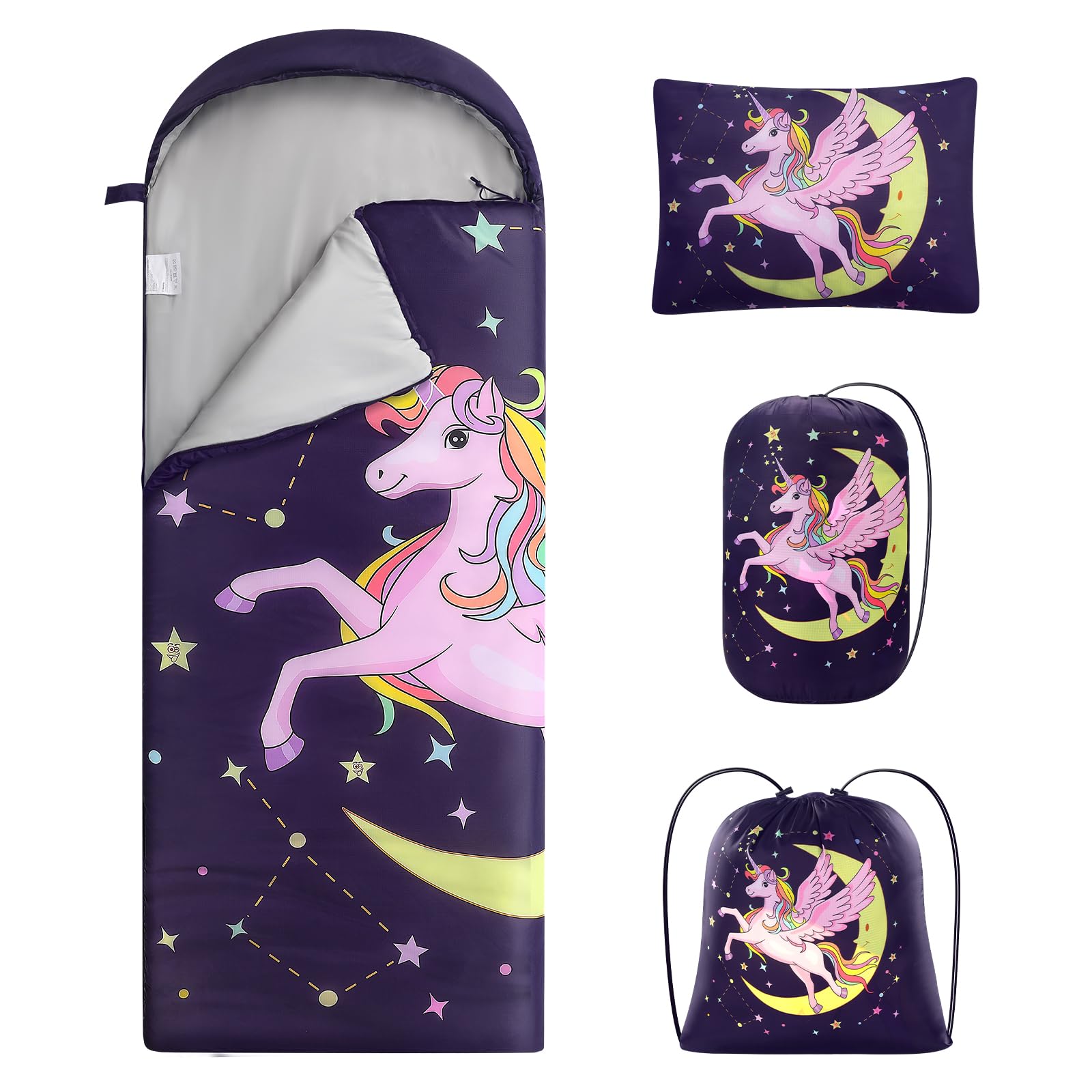 ETGLCOZY Unicorn Sleeping Bag for Girls, Warm Weather Sleeping Mat with Pillow for Kids Camping Backpacking Hiking Daycare Preschool Travel, Ultralight, Durable, Water-Resistant, Easy Carry and Pack