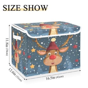 DALAWU Containers Baskets with Lids Christmas Reindeer with Red Nose Foldable Storage Bins Organizer with Lid Collapsible Storage Boxes for Home Bedroom Closet Office