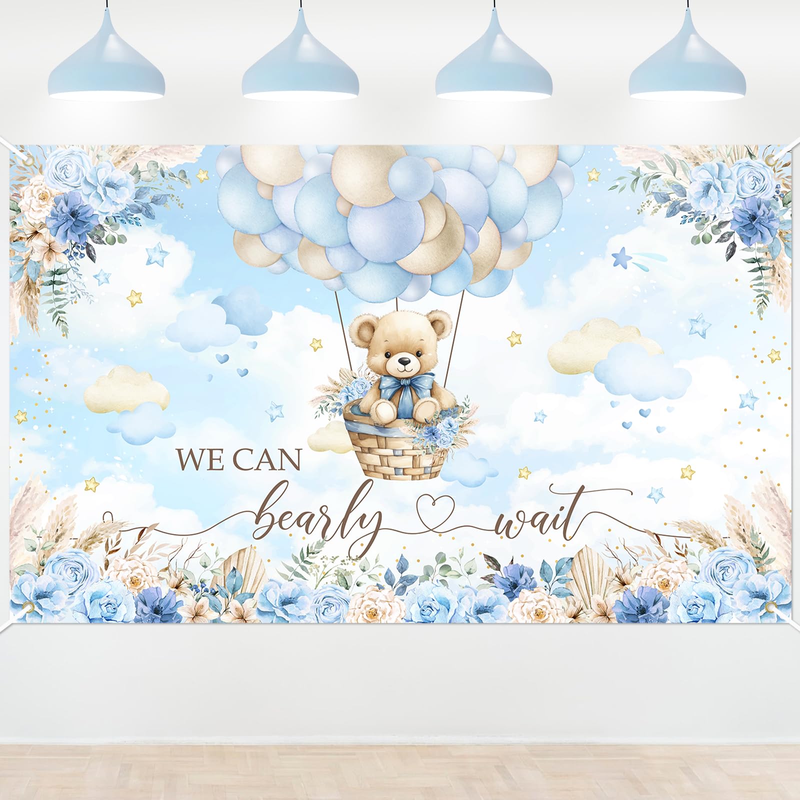 Avezano We Can Bearly Wait Backdrop Boho Blue Floral We Can Bearly Wait Banner Bearly Wait Baby Shower Party Decorations for Boys 70.8x43.3 inch (Blue)