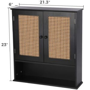 Bathroom Medicine Cabinet Wall Mounted,Black Rattan Storage Cabinet,Towel Cabinet for Bathroom Storage Over the Toilet,Floating Cabinet for Small Spaces,Hanging Cabinet for Kitchen Laundry Living Room