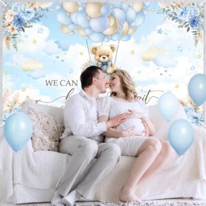 Avezano We Can Bearly Wait Backdrop Boho Blue Floral We Can Bearly Wait Banner Bearly Wait Baby Shower Party Decorations for Boys 70.8x43.3 inch (Blue)