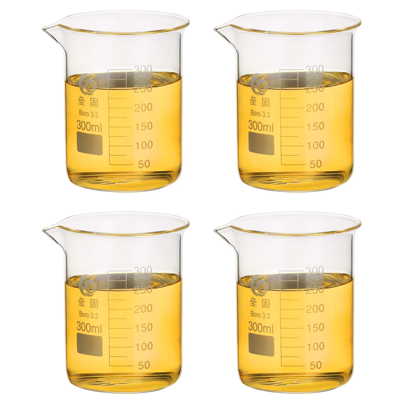 PATIKIL 300ml Low Form Glass Beaker, 4Pcs 3.3 Borosilicate Glass Beakers Graduated Measuring Cup with Spout for Lab Experiment, Cooking and Baking, Clear