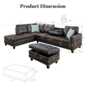 Rovibek Leather L Shaped Sectional Couch with Ottoman and Pillows, 2 Cup Holders Design Living Room Furniture Sets for Apartment, Office