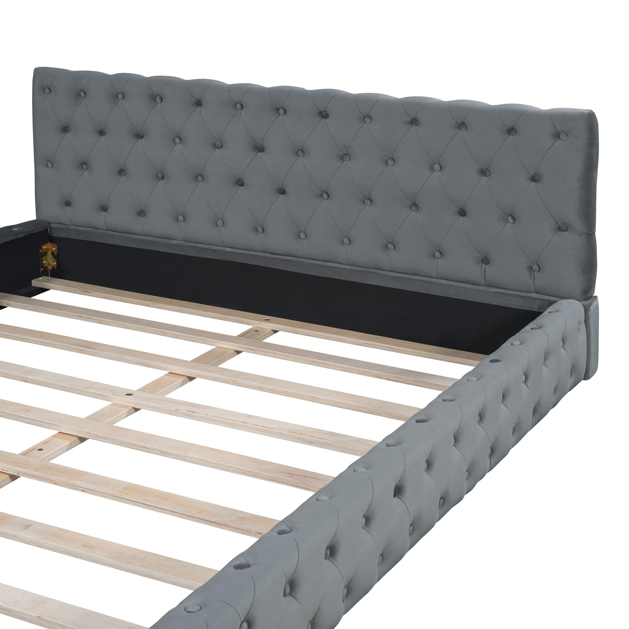 Grounded Bed Upholstered Platform Bed with Unique Design Thick Fabric Headboard, Wood Platform Bed Frame for Kids Adults Bedroom Furniture, Upholstered Bed Floor Bed (Gray-4, Queen)