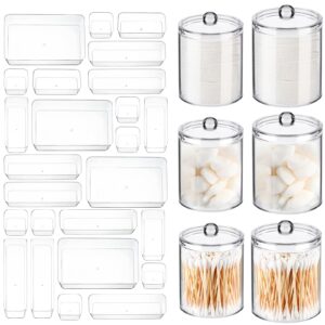 teenyyou 30 pcs clear plastic drawer organizer set include 10oz 12oz cotton swab ball holder 24 pcs stackable desk drawer organizer trays for makeup