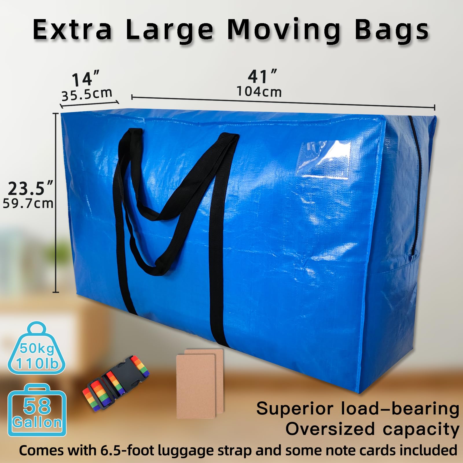 58 Gallon Heavy Duty Moving Bags, Extra Large Storage bags with Zipper,Luggage Straps,Note Cards.Handheld or shoulder/back carry, Ideal for travel, school season, home storage