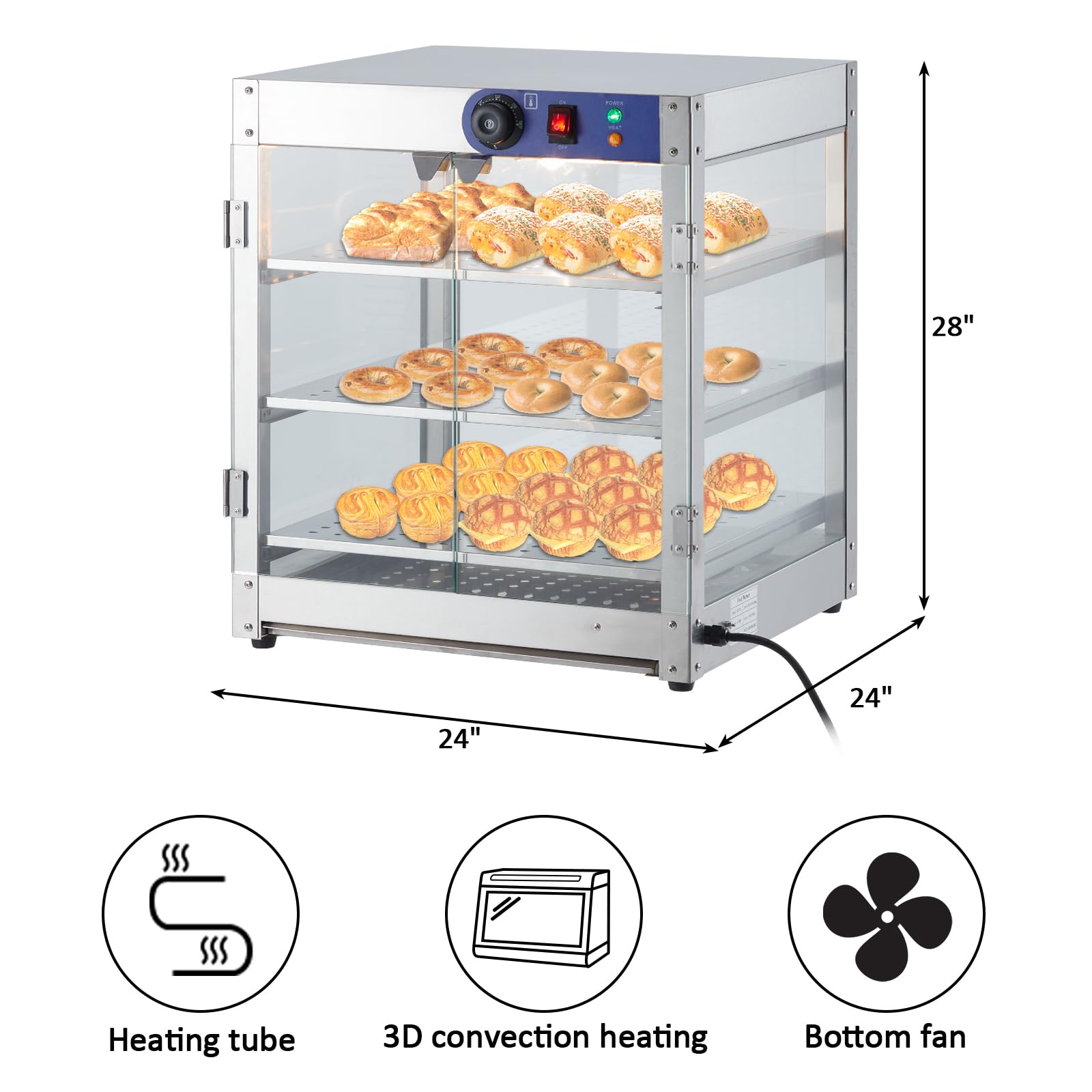 Commercial Food Warming Display Cabinet, 20" 3 Tier, 800 Watt Hot Dog Warmer with 3D Heating, Bottom Fan, Countertop Pastry Warmer, Temperature Knob/Indicator, Stainless Steel Framed Glass Door