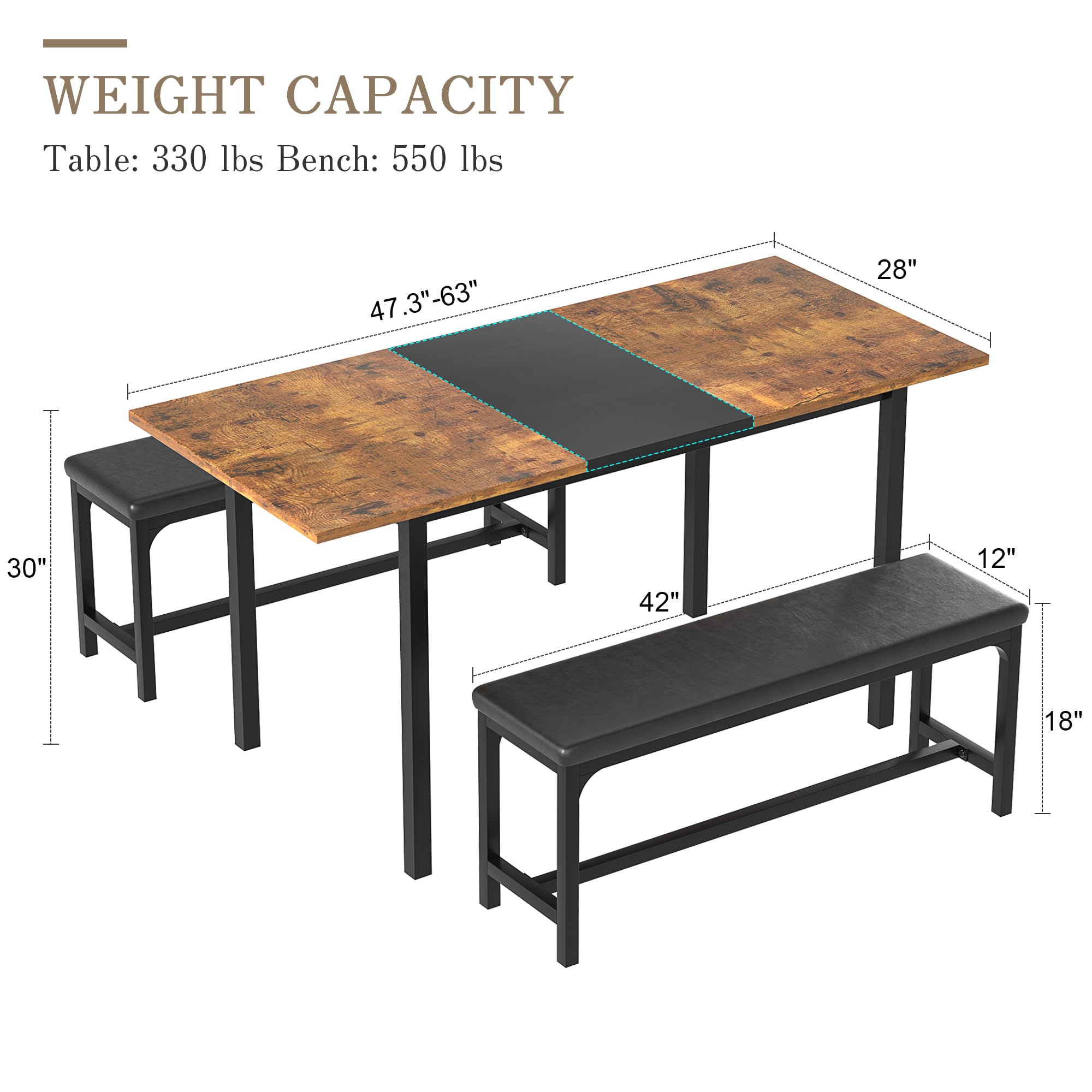 VECELO 3-Piece 63" Extendable Kitchen Table with Benches/Chairs, Modern Breakfast Dinette/Dining Room Set for 4/6/2, Small Space Saving Design, Easy Assembly