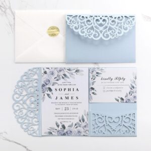 Wedding Invitations with Envelopes and RSVP Cards, Light Blue Laser Cut Invitation Pocket Blank Invitations with Envelopes and Stickers, Bridal Shower Card Birthday Party Invitations Custom 50 PCS