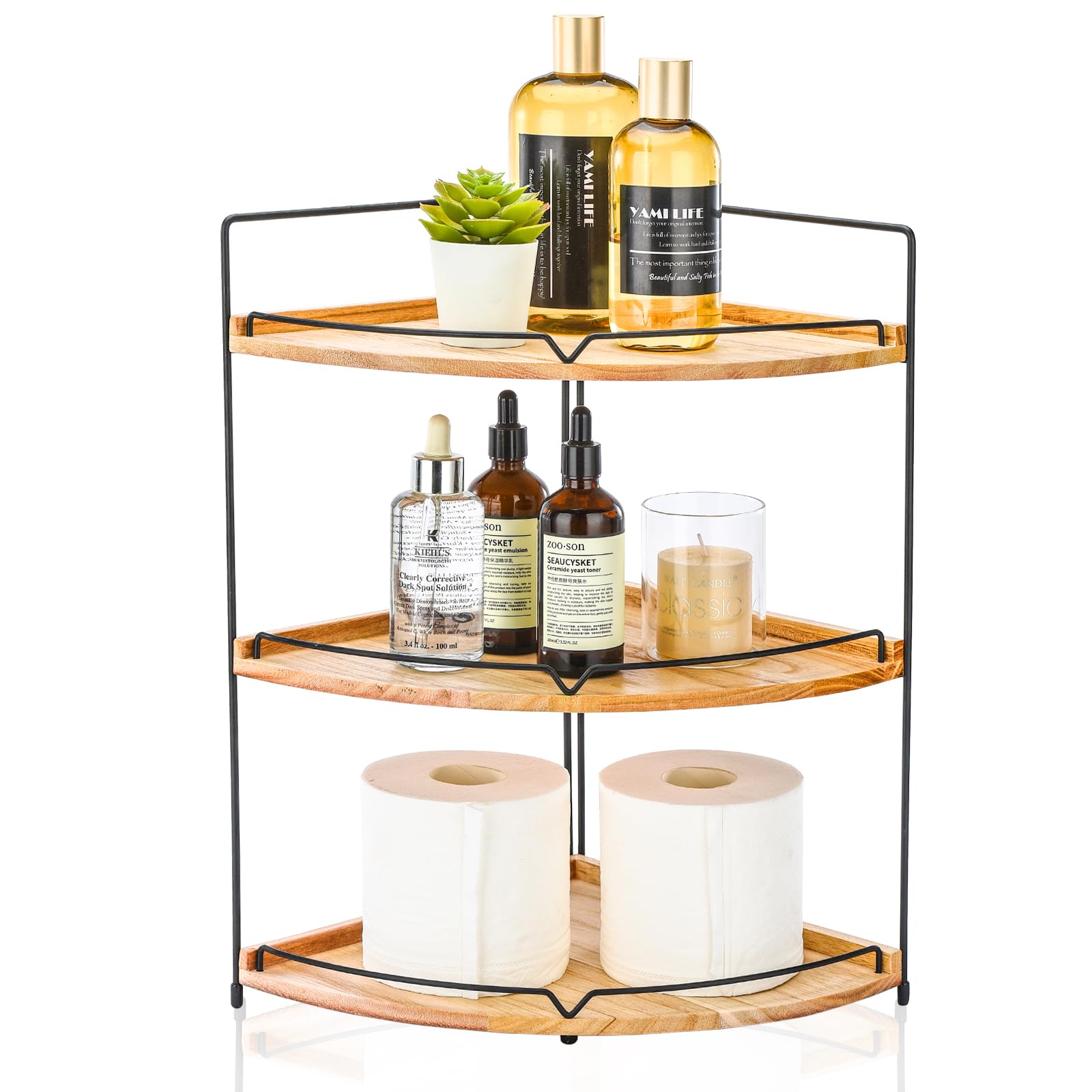 FairyHaus Bathroom Counter Organizer, 3 Tier Corner Bathroom Countertop Organizer for Skincare Make up Storage, Rustic Wood Bathroom Kitchen Vanity Counter Organizers