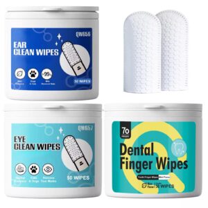 hekedes 3-in-1 pet cleaner finger wipes grooming kit: ear finger wipes, teeth finger wipes and eyes finger wipes - 150 count