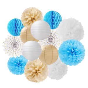 light-blue boho champagne-gold party-decorations streamers - 14pcs boy birthday baby shower paper honeycomb lanterns fan,tissue pom poms,bachelorette bridal wedding dusty white decor lasting surprise