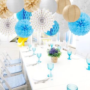 Light-Blue Boho Champagne-Gold Party-Decorations Streamers - 14pcs Boy Birthday Baby Shower Paper Honeycomb Lanterns Fan,Tissue Pom Poms,Bachelorette Bridal Wedding Dusty White Decor Lasting Surprise