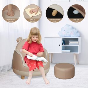 Kinsuite Leather Toddler Armchair with Ottoman- Bear Animal Kids Sofa Toddler Reading Chair Toddler Lounge Sofa Recliner for Nursery School Game Room Kindergarten Living Room, Brown