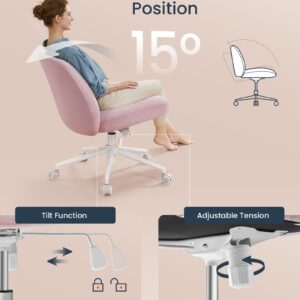 SONGMICS HOME Criss Cross Chair with Wheels, Armless Cross Legged Office Desk Chair, Wide Comfortable Adjustable Swivel Vanity Chair for Home Office, Cotton-Linen Fabric, Jelly Pink UOBG047R03