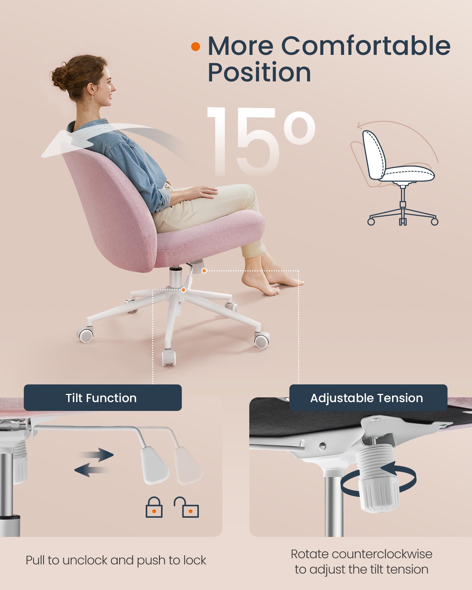 SONGMICS HOME Criss Cross Chair with Wheels, Armless Cross Legged Office Desk Chair, Wide Comfortable Adjustable Swivel Vanity Chair for Home Office, Cotton-Linen Fabric, Jelly Pink UOBG047R03