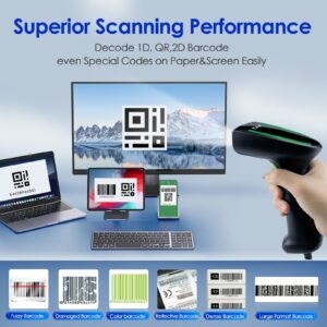 FYJ Handheld 1D 2D Barcode Scanner with Stand Wired Automatic QR Code Scanners Long USB Cable Bar Code Reader for Library,Store,Supermarket,Warehouse