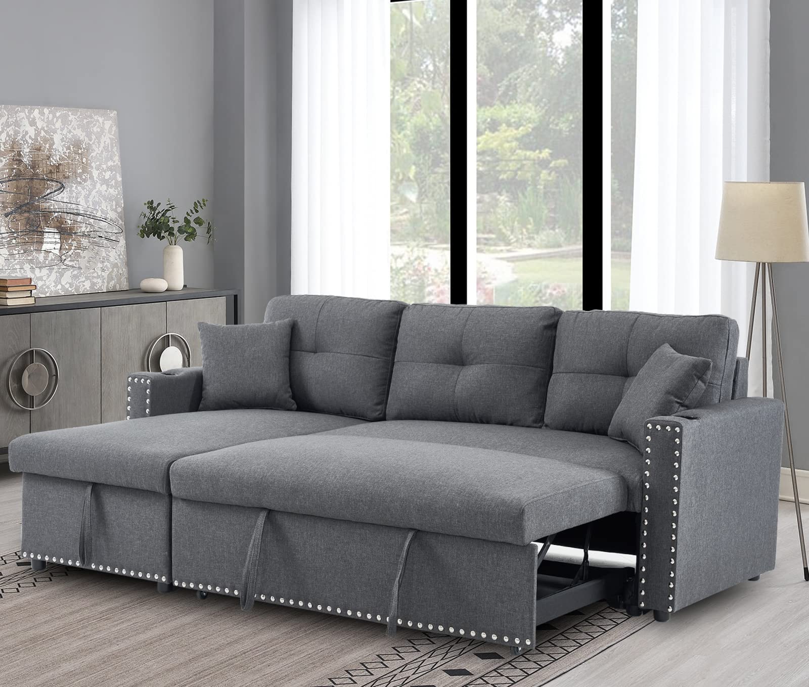 asunflower Sleeper Sofa with Pull Out Couch Small Sectional Sofa with Storage Chaise, Convertible Sleeper Couch Bed for Living Room Apartment L Shape Bedroom Sleeper,Grey