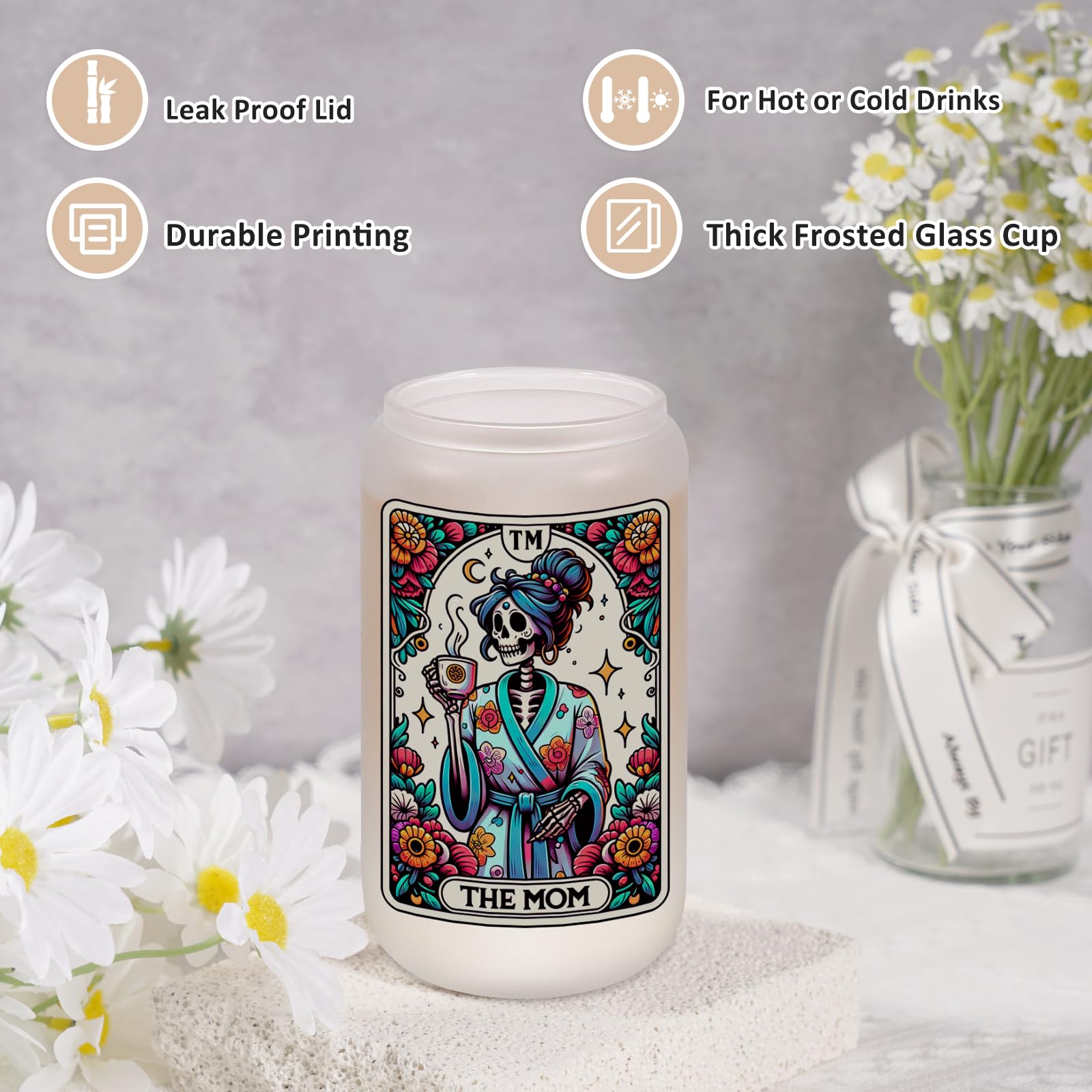 Fairy's Gift Skeleton Mom Iced Coffee Cups, Cute 16 oz Frosted Glass Cup with Lid and Straw, the Mom Tarot Card Christmas Aesthetic Skull Cups, Witchy Mama Gifts, Birthday Gifts for Mom Women