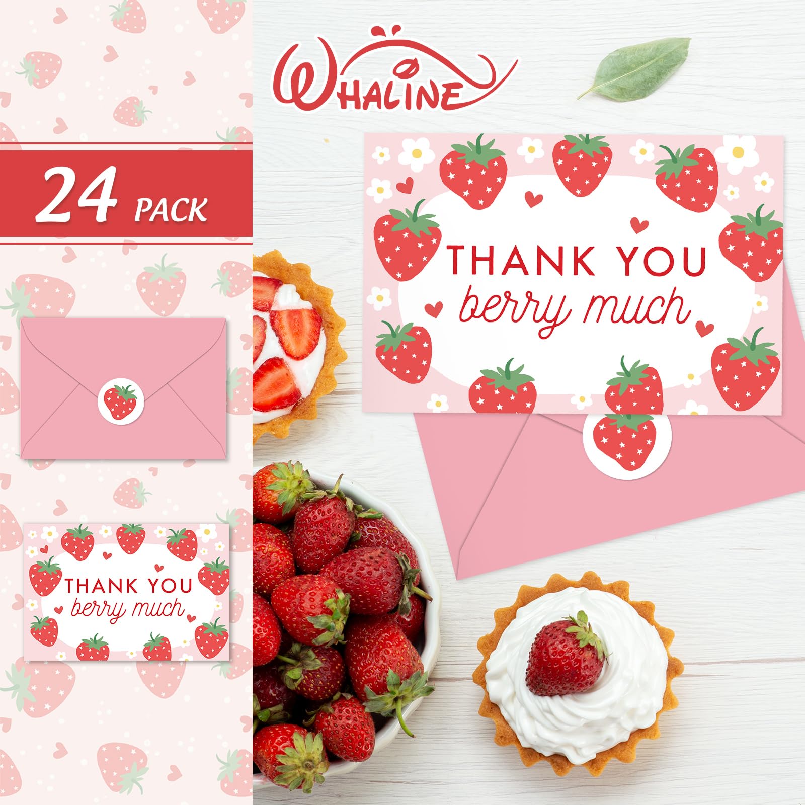 Whaline 24 Pack Strawberry Thank You Cards Bulk Pink Fruit Greeting Cards with Envelopes Stickers Blank Note Cards for Summer Wedding Birthday Baby Shower Party Supplies, 4 x 6 Inch