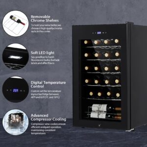 28 Bottle Compressor Wine Cooler Refrigerator, Wine Fridge Freestanding Wine Cellar for Red Wine, White, Champagne, Sparkling Wine with Digital Temperature Control, Soft LED Light, Glass Door