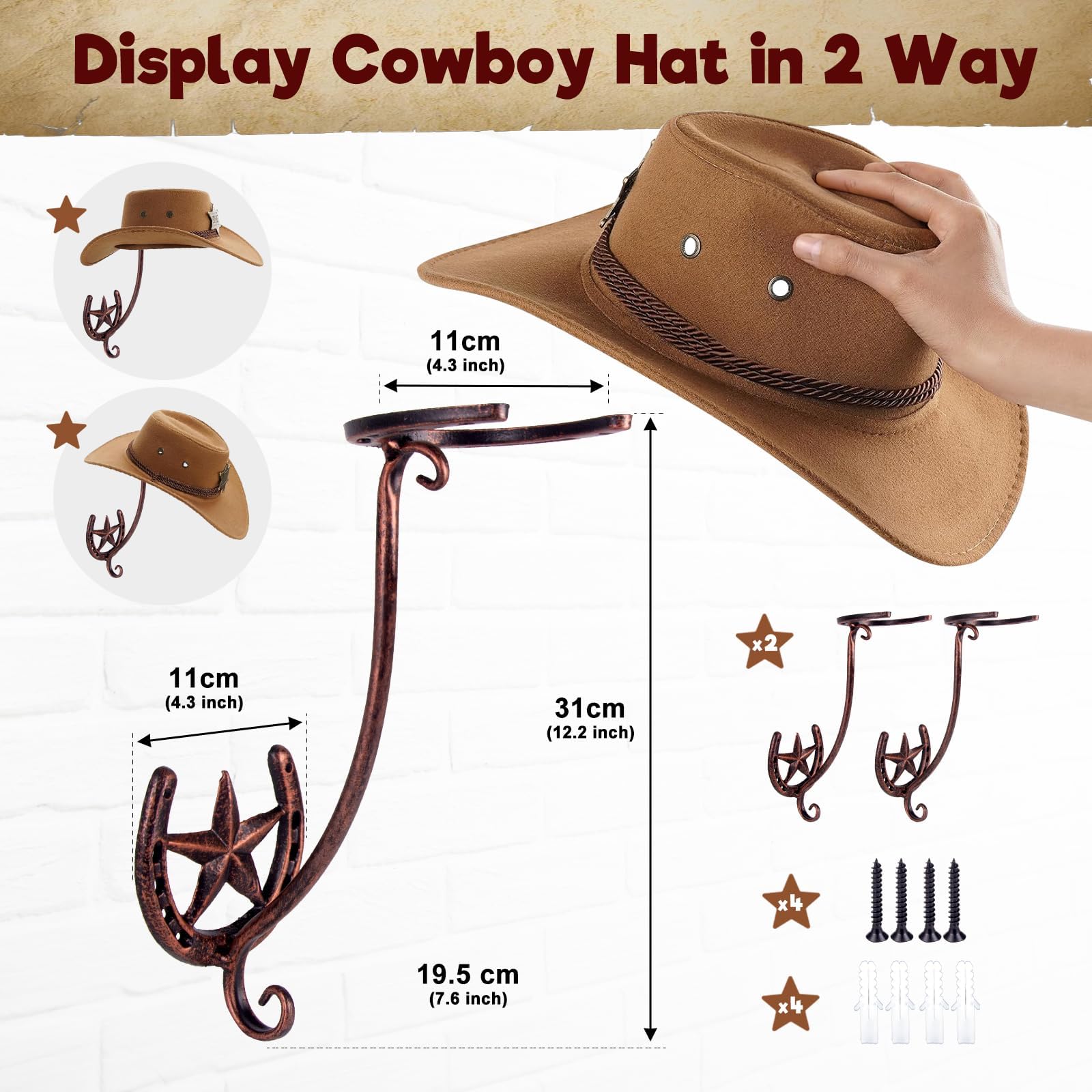 MASJENBU Cowboy Hat Rack for Wall 2 Pack Large Metal Cowboy Hat Holder Western Home Decor Cowboy Hat Wall Hanger with Hooks for Storage and Display at Closet Bedroom Living Room (2 Pack), cast