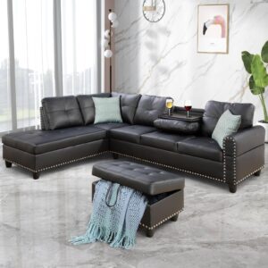 rovibek leather l shaped sectional couch with ottoman and pillows, 2 cup holders design living room furniture sets for apartment, office