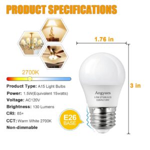 Angyues Low wattage Light Bulbs 1.5W LED Bulb Equivalent 15W20W Light Bulbs, 120v A15 LED Bulb Warm White 2700K Energy Saving Home Light Bulb E26 Base Ceiling Fan Light Bulbs, Non-Dimmable 4Pack