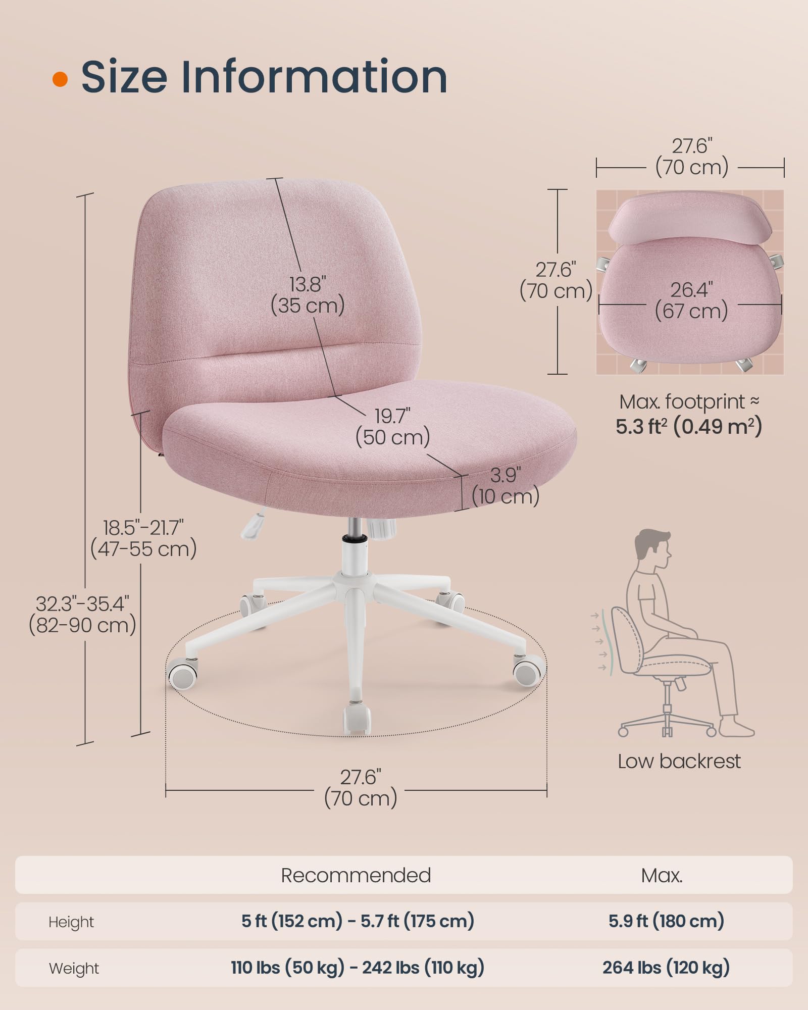 SONGMICS HOME Criss Cross Chair with Wheels, Armless Cross Legged Office Desk Chair, Wide Comfortable Adjustable Swivel Vanity Chair for Home Office, Cotton-Linen Fabric, Jelly Pink UOBG047R03