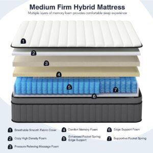 DIFAME Queen Mattress,12 Inch Hybrid Queen Size Mattress in a Box,Memory Foam Mattress Queen Size with Pocket Spring,Medium Firm Mattress for Pressure Relief,Motion Isolation,Edge Support