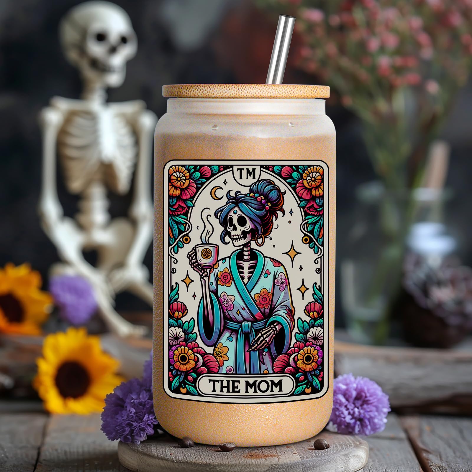 Fairy's Gift Skeleton Mom Iced Coffee Cups, Cute 16 oz Frosted Glass Cup with Lid and Straw, the Mom Tarot Card Christmas Aesthetic Skull Cups, Witchy Mama Gifts, Birthday Gifts for Mom Women