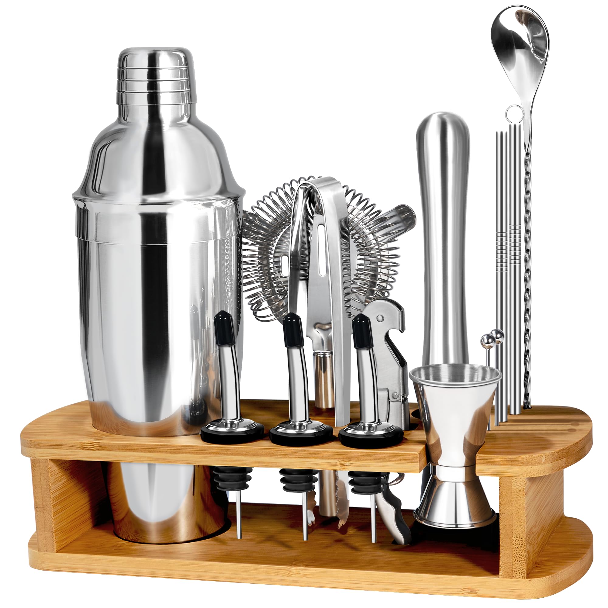 CasaCulina Cocktail Shaker Set Mixology Bartender Kit with Stand, 17 Piece Bar Tool Set: Martini Shaker, Jigger, Strainer, Mixer Spoon, Muddler, Liquor Pourers for Drink Mixing Bartending Kit(Silver)