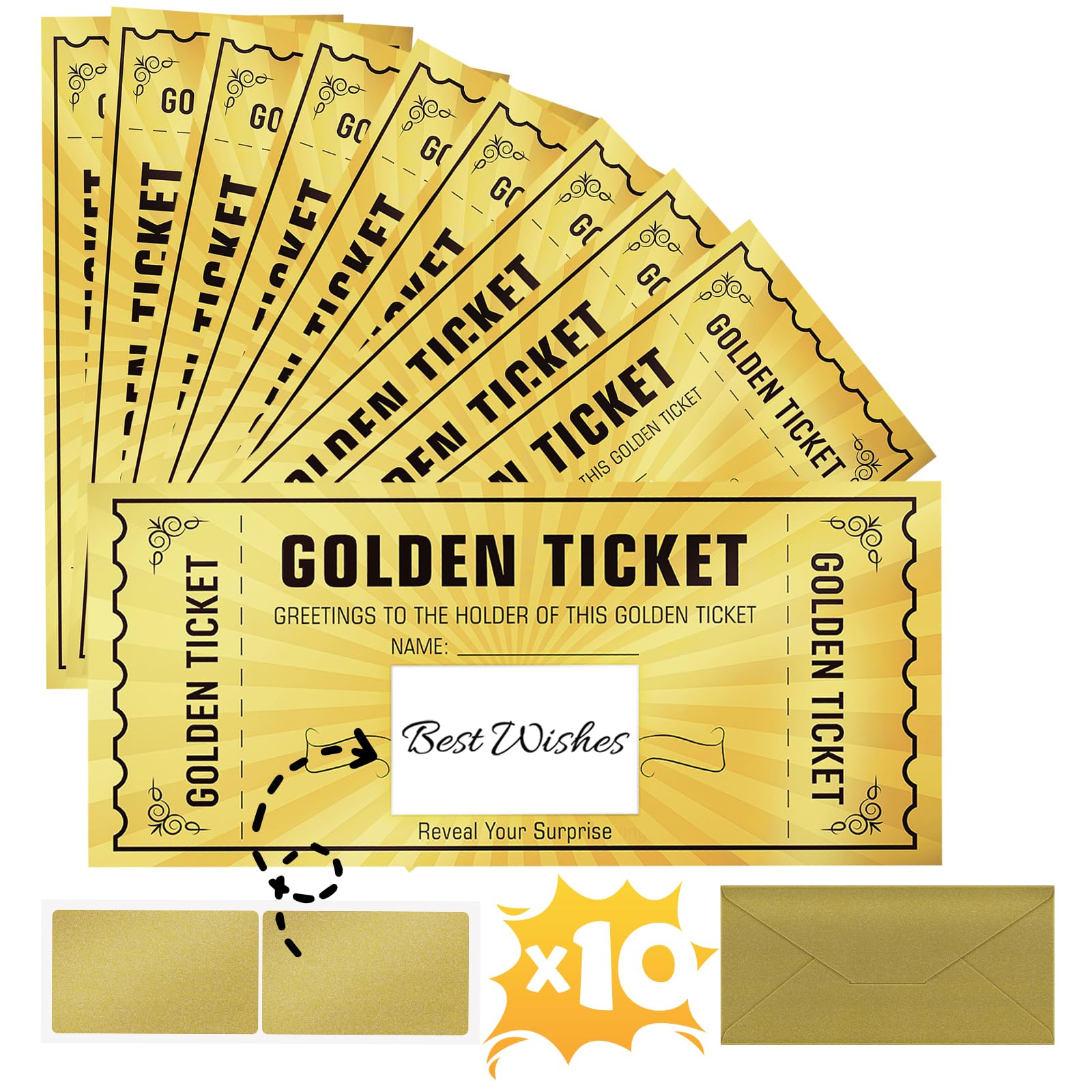 WenmthG 10 Sets Golden Ticket with Envelope, Scratch Card Surprise Gift Reveal, Card as Birthday Card Wedding Card Concert Ticket Cinema Voucher Raffle Gift