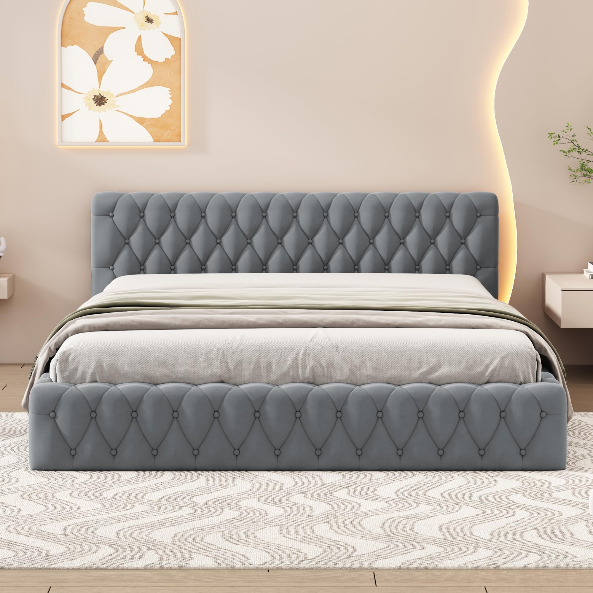 Grounded Bed Upholstered Platform Bed with Unique Design Thick Fabric Headboard, Wood Platform Bed Frame for Kids Adults Bedroom Furniture, Upholstered Bed Floor Bed (Gray-4, Queen)