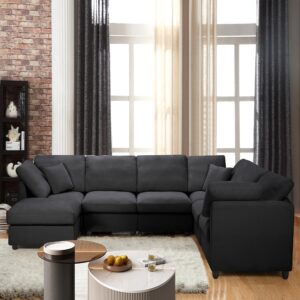 117" Modular Sectional Sofa,U Shaped Chenille Sofa Set with Movable Ottoman,Modern 7-Seat Cloud Sectional Couches for Living Room Home Office (Black, 117" U-7 Seater)