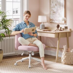 SONGMICS HOME Criss Cross Chair with Wheels, Armless Cross Legged Office Desk Chair, Wide Comfortable Adjustable Swivel Vanity Chair for Home Office, Cotton-Linen Fabric, Jelly Pink UOBG047R03