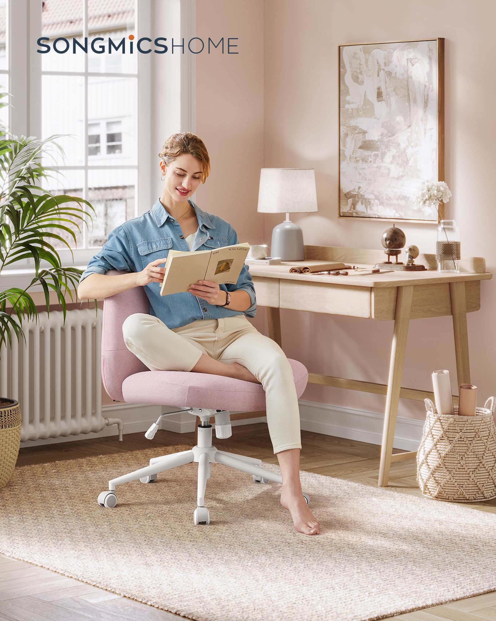 SONGMICS HOME Criss Cross Chair with Wheels, Armless Cross Legged Office Desk Chair, Wide Comfortable Adjustable Swivel Vanity Chair for Home Office, Cotton-Linen Fabric, Jelly Pink UOBG047R03